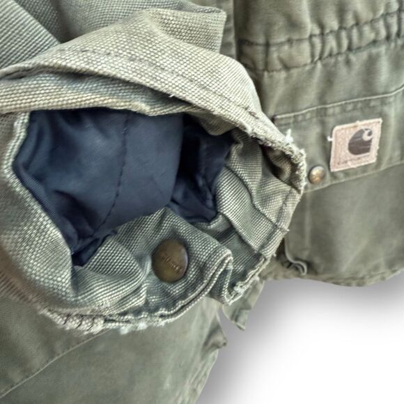 Vtg 1990s Carhartt Jacket PB1366 Dark Olive Green Blanket Lined Duck Trail Parka - Picture 10 of 11